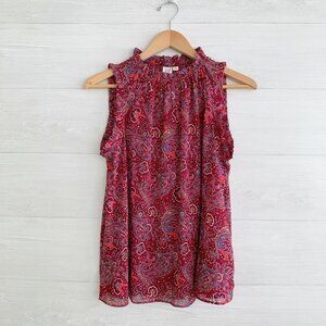 Gap - Maroon paisley piecrust collar ruffled sleeveless sheer crinkle top, XS